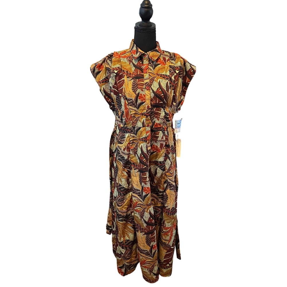 Live 4 Truth Women Tropical Leaf Print Midi Shirt Dress Brown M Island NWT